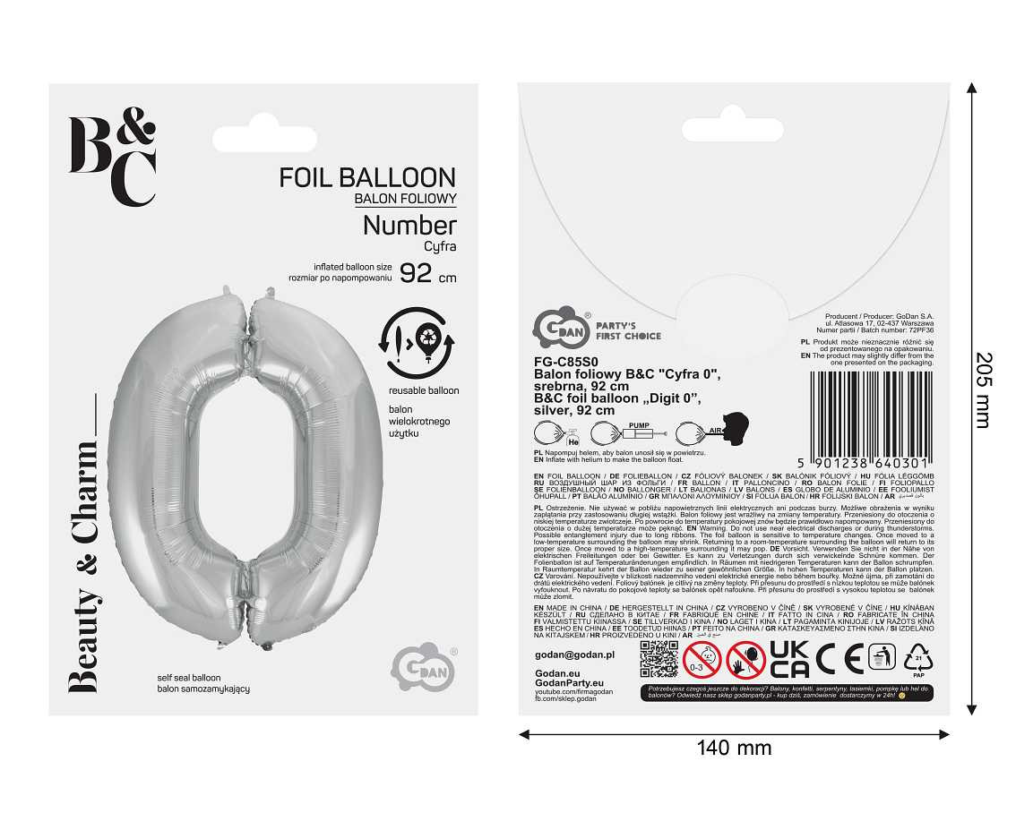 Foil balloon B&C digit 0, silver, 92 cm